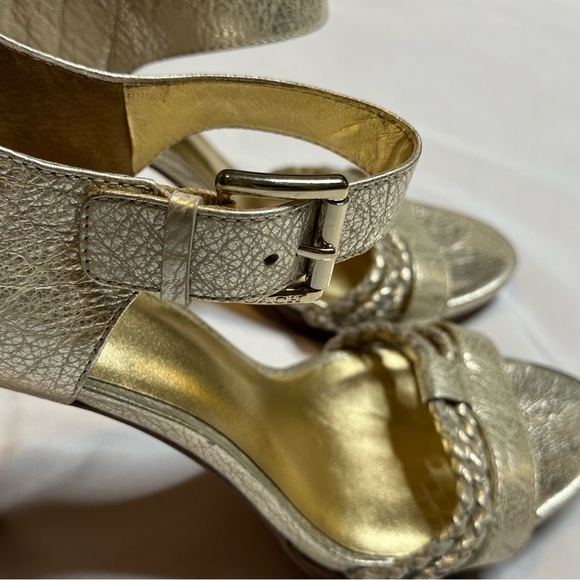 Coach Shoes - Coach Metallic Gold Braided Ankle-Strap Stack Heels Sz 10